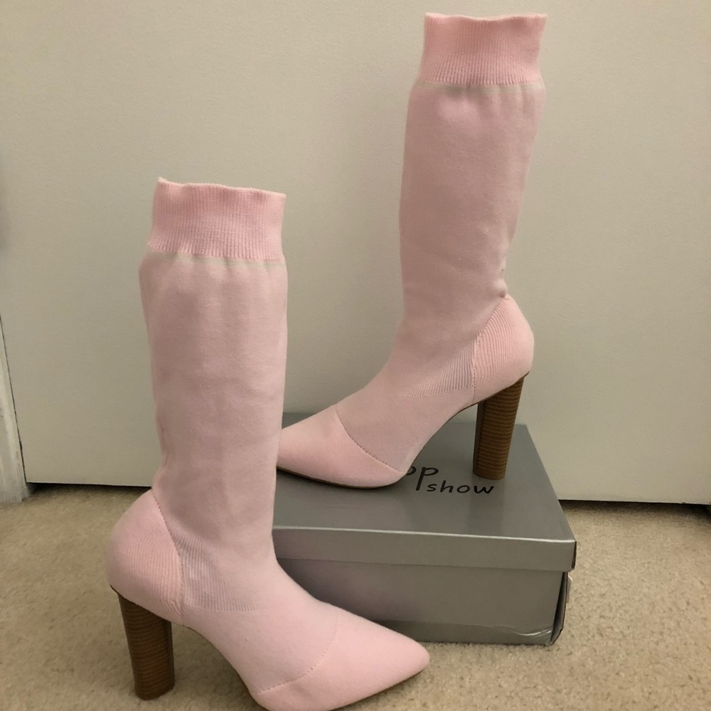 Baby Pink Sock Boot Chunky Heel Size 9